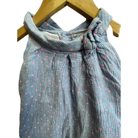 Carter's 12 Month Light Blue Denim & Hot Pink Poka Dot Dress w/‎ Bow & High Neck - Picture 2 of 10
